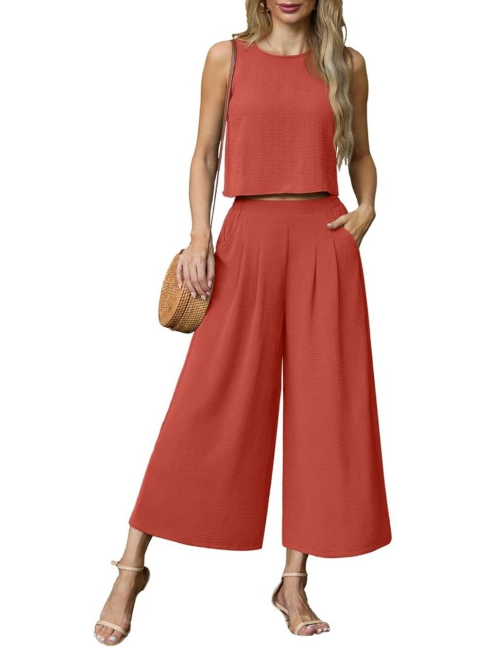 Women's Red Summer 2 Piece Outfits Sleeveless Crop Top Flowy Wide Leg Pants